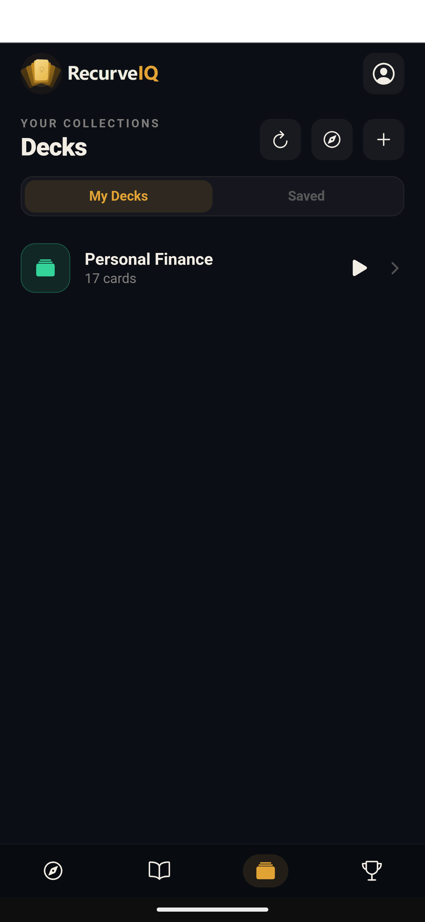RecurveIQ decks screen showing custom card collections