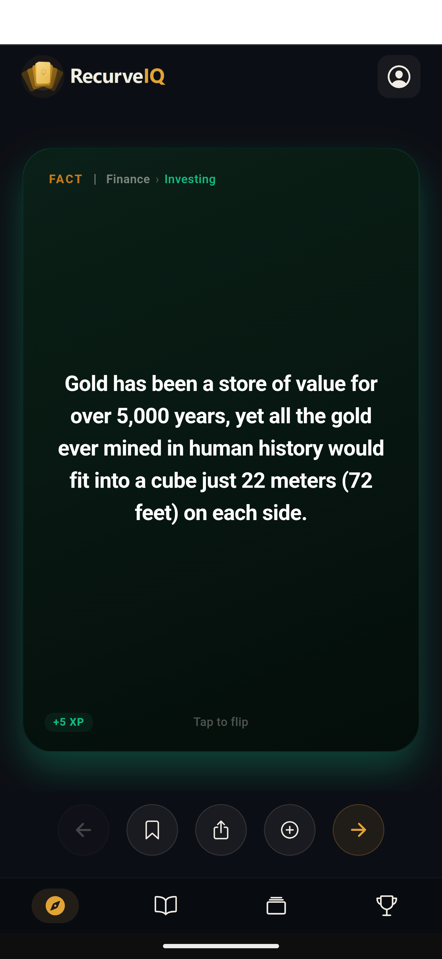 RecurveIQ fact card showing a finance fact about gold