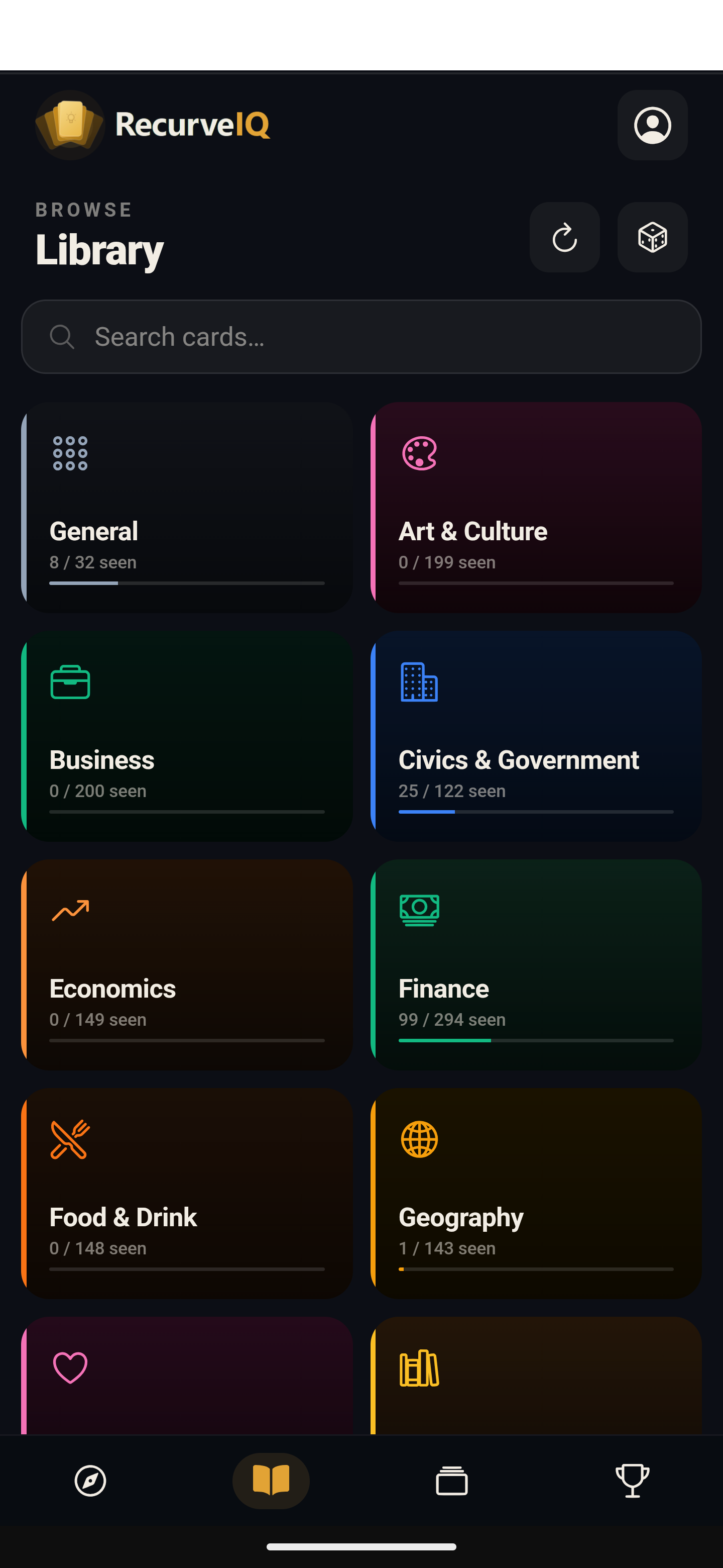 RecurveIQ library showing browsable topic categories