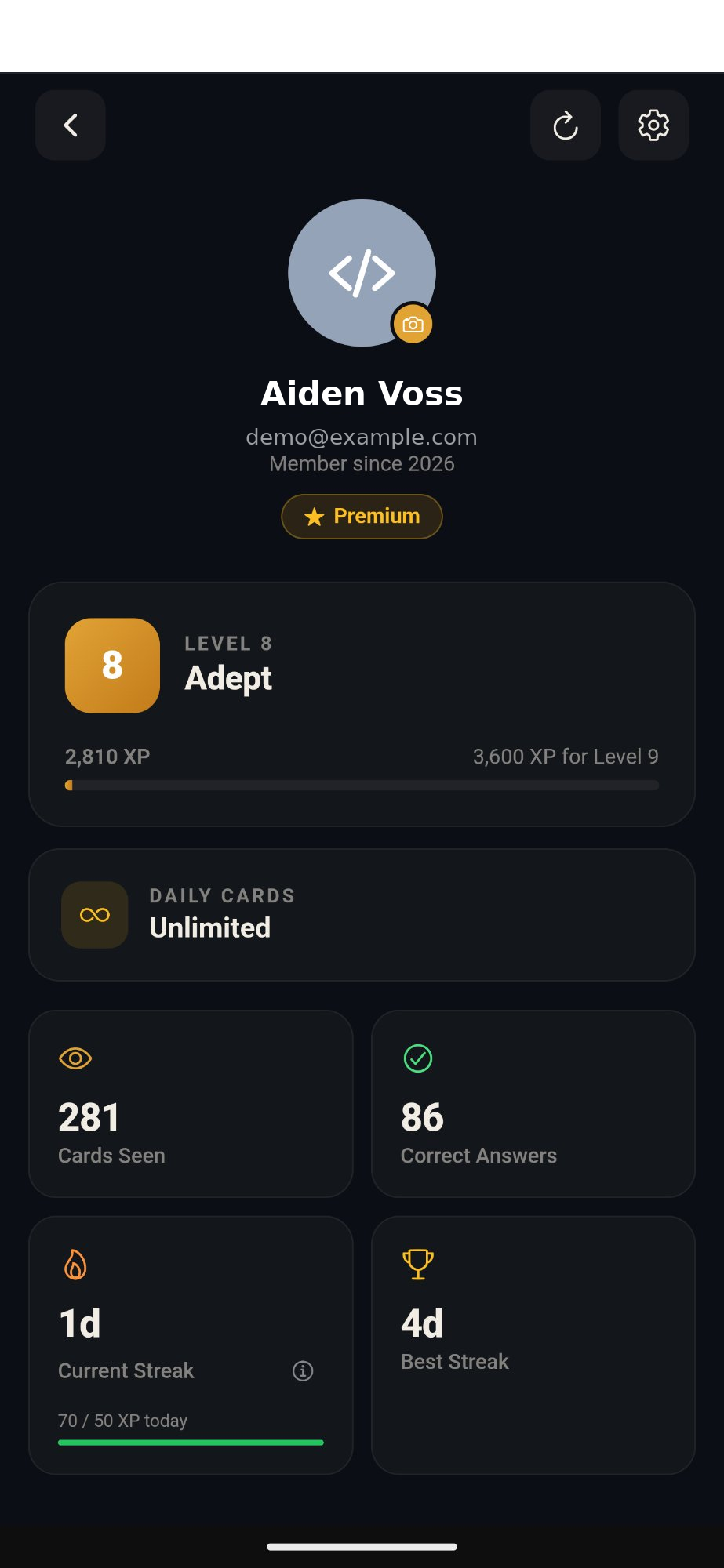 RecurveIQ profile showing level, XP, and streak stats