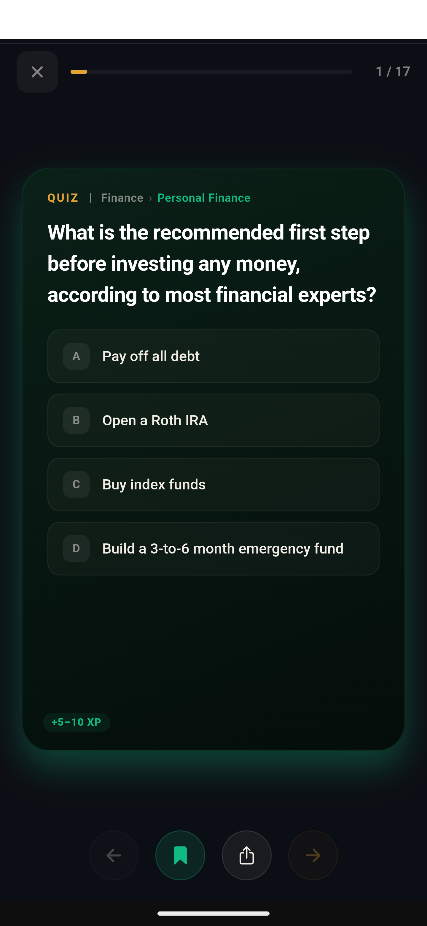 RecurveIQ quiz card with multiple choice answers
