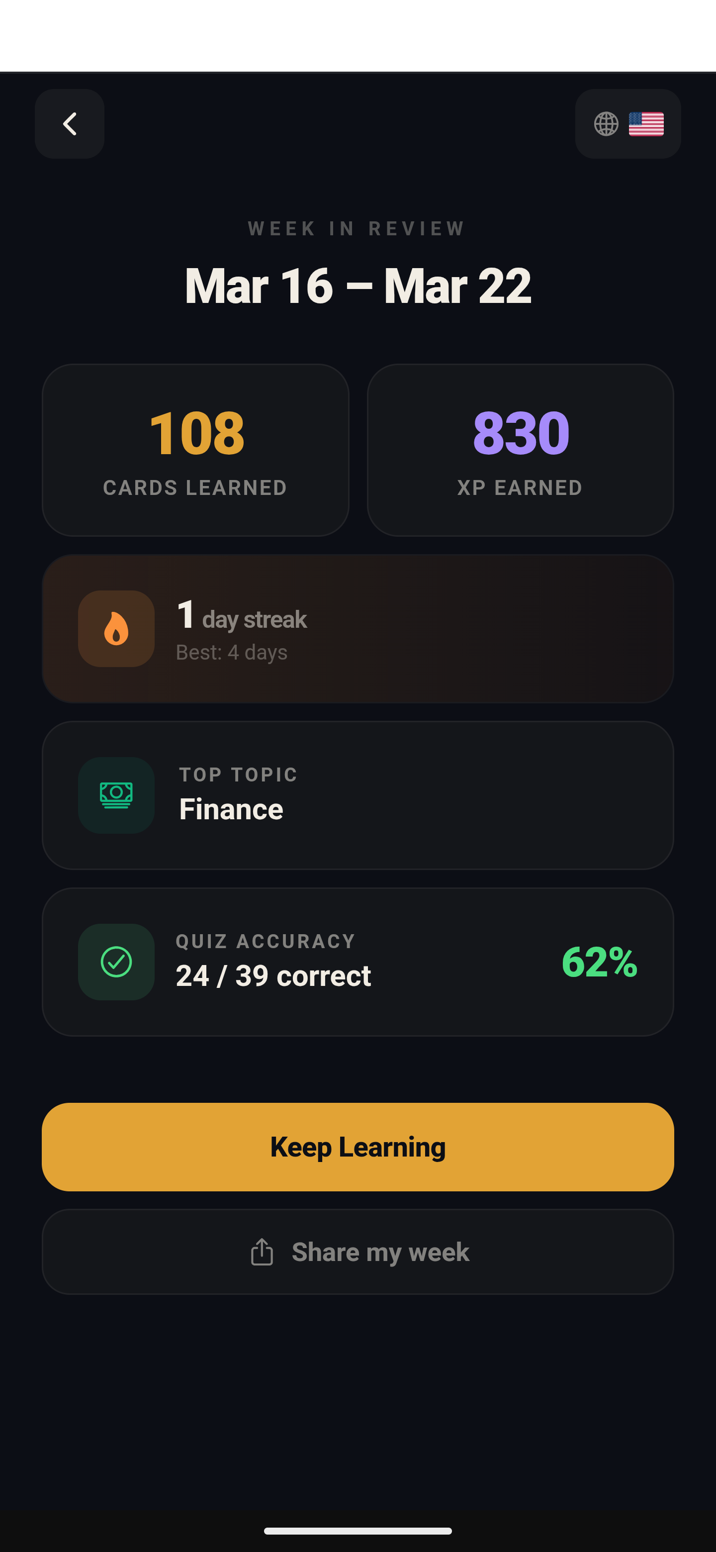 RecurveIQ weekly review with streak and XP stats
